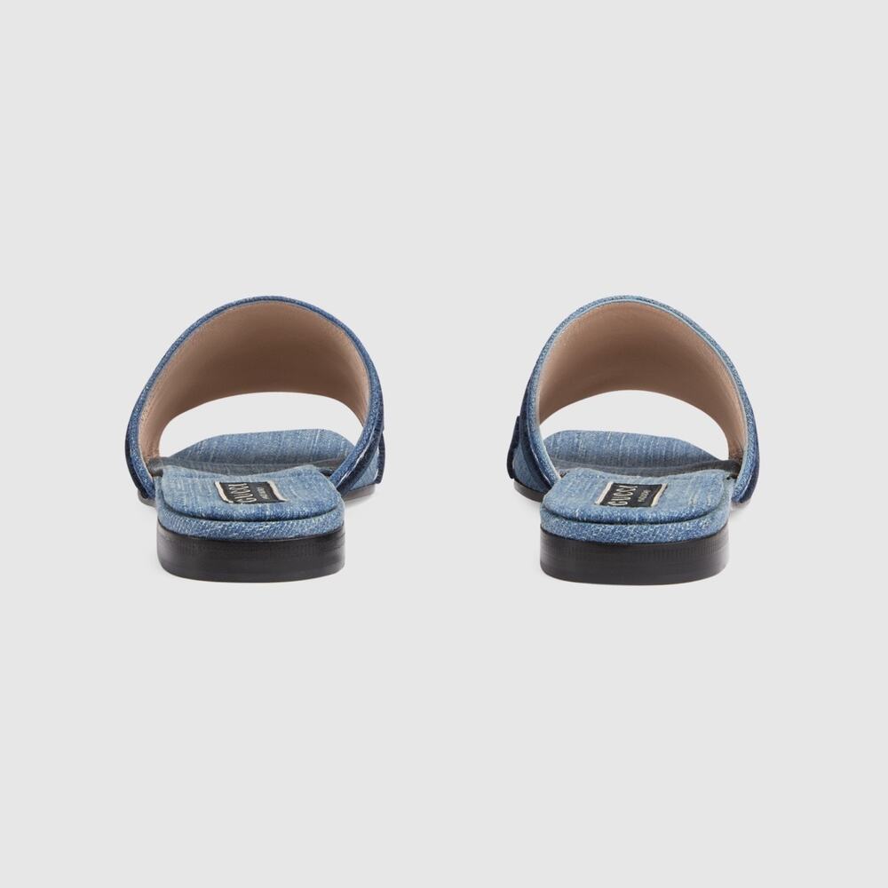 Gucci Jane Light Blue Denim Velvet Logo Mule Flat Slide Slip On Sandal 37 - Picture 15 of 16